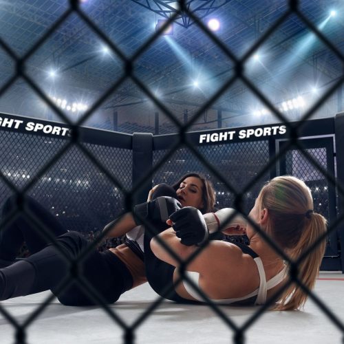 two women fighting in an MMA match in the ring, fighting sports marketing agency